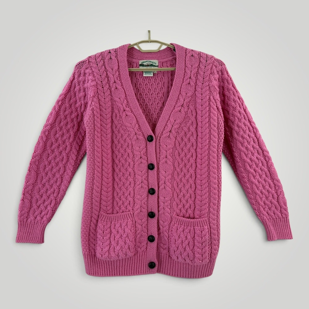 Aran Crafts Ireland Pink 100% Merino Wool Cable Knit Cardigan Sweater Womens S